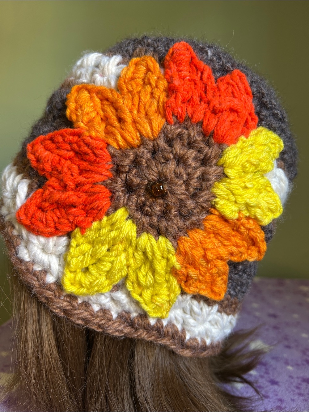 Handcrafted large Sunflower Crochet Beanie - thick acrylic new